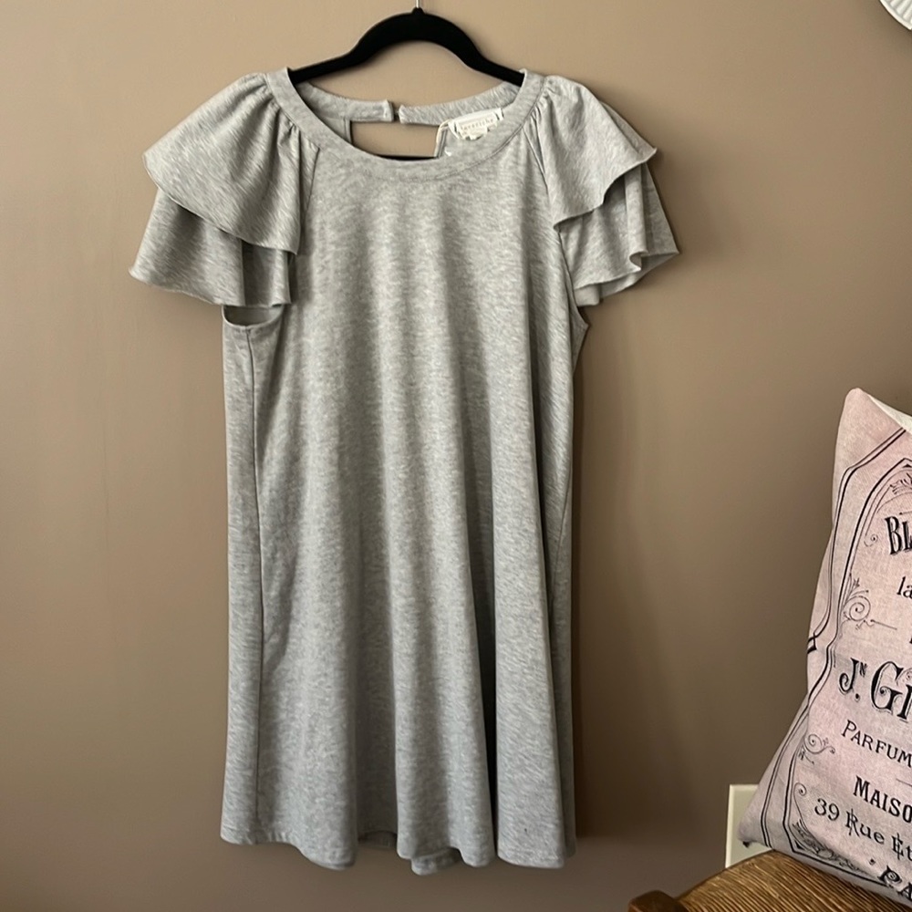 Love Riche Gray Dress with Flutter Sleeves. Perfect for a Casual Spring Outing.